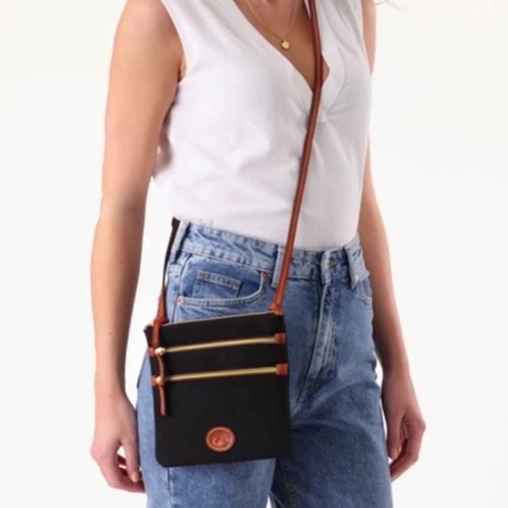 Authenticated Dooney & Bourke Black North South Nylon Triple Zip Crossbody‎